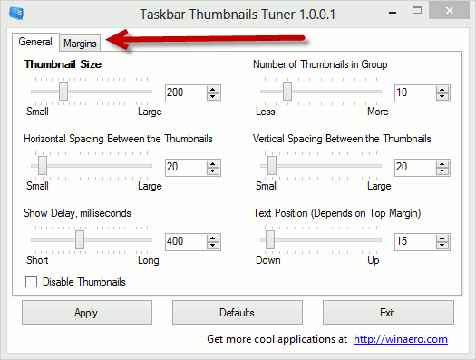 Taskbar Thumbnails Tuner options window