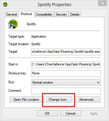 Click on Properties and then click on the Change Icon button.