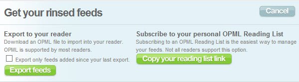 Download the OPML file with your custom RSS feeds from Feed Rinse.