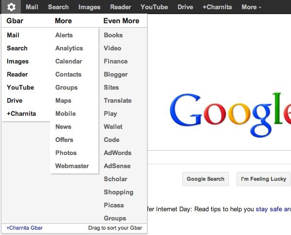 My customized Google Bar after using the +You Gbar Chrome extension.