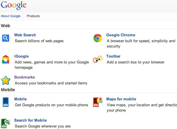 The Google Products page, which can be accessed from 'Even More' on the Google Bar.