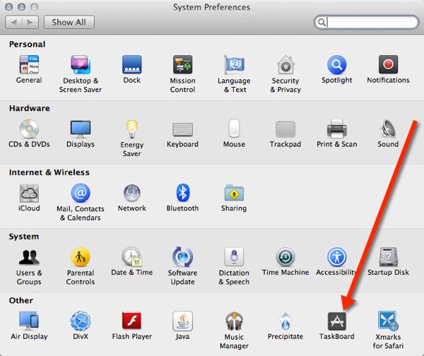 Access the TaskBoard preference pane from System Preferences.