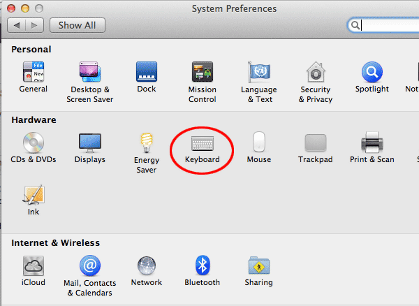 Open the keyboard section in the Preferences pane