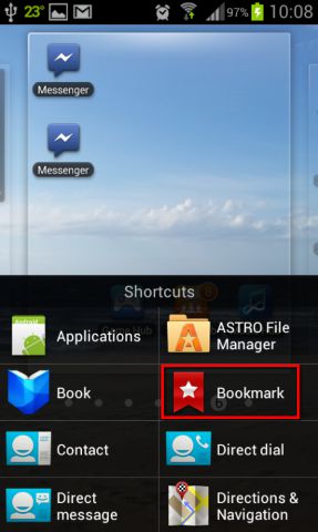 Bookmark option from the Shortcuts list