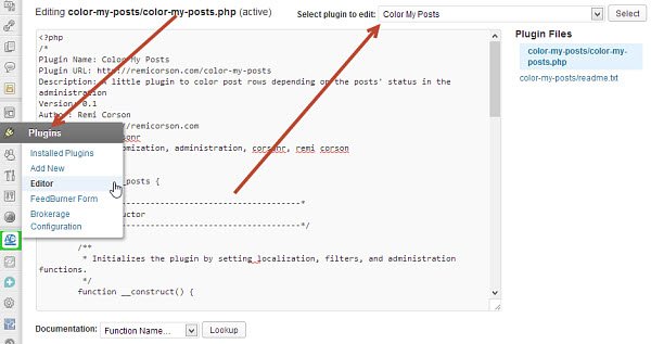 Go to the plugins editor and select the Color My Posts plugin.