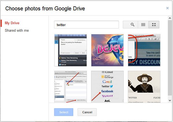 Choose photos from your Google Drive account to share.