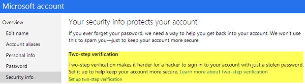 Go to Security Info to enable two-factor authentication.