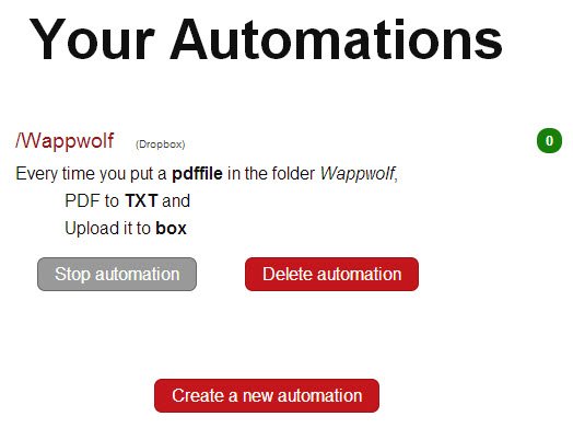 Your automations list; you can stop, delete, and create new ones.