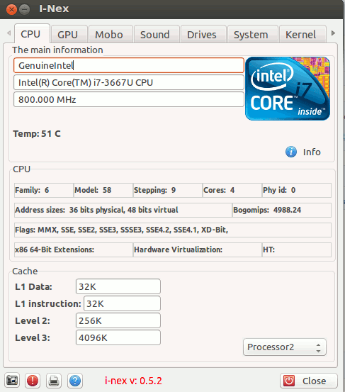 I-Nex showing CPU Info in Linux