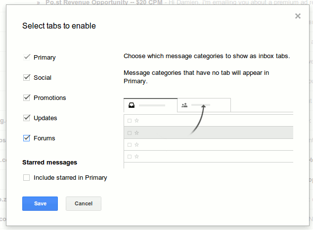 Select tabs to activate tabbed inbox in Gmail