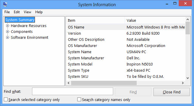 check the system information using Windows System Information
