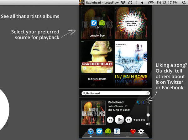 Music Control - Powerful and simple multi-app audio control for Pandora Radio, iTunes, Spotify, and Rdio.
