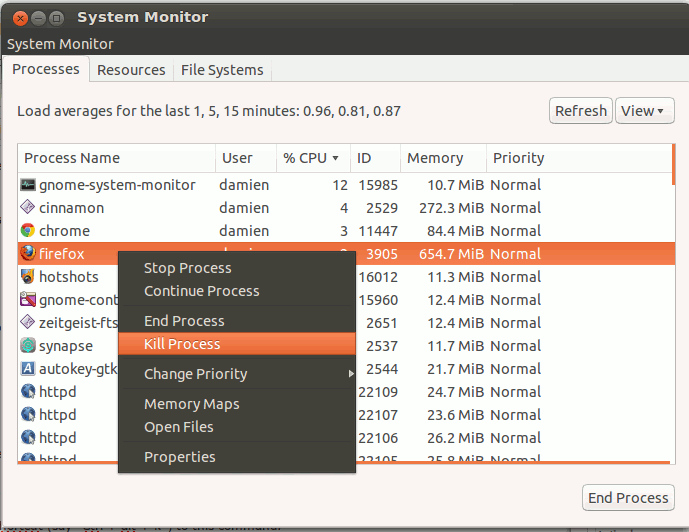 Use the system monitor to kill an unresponsive application in ubuntu
