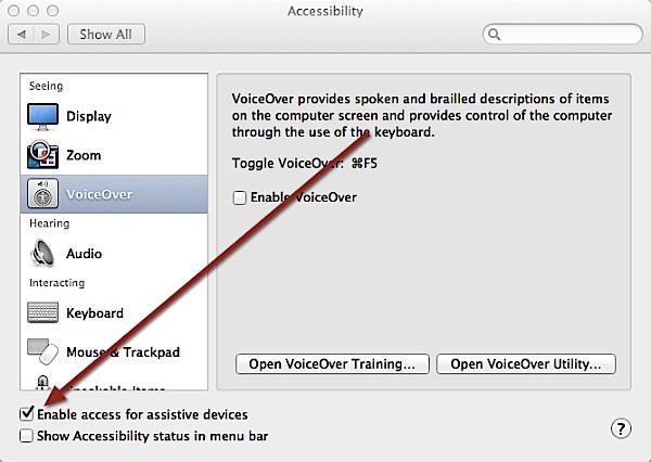Enable access for assistive devices in Mac OS X.