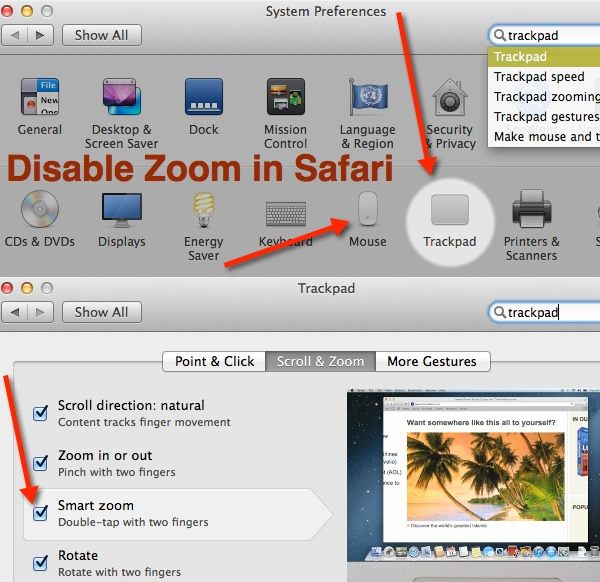 Follow these steps to disable smart zoom in Safari - OS X Mavericks.