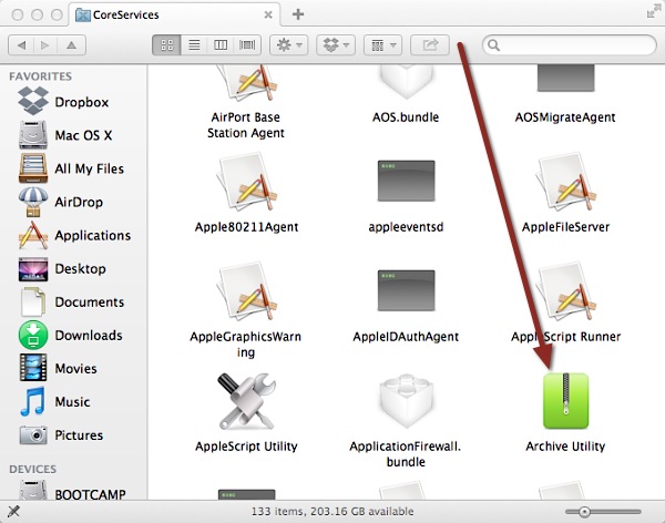 Go to folder in Finder and select 'Archive Utility.'