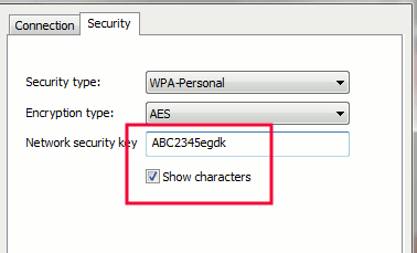 In your wireless network properties, show characters to see your network password.