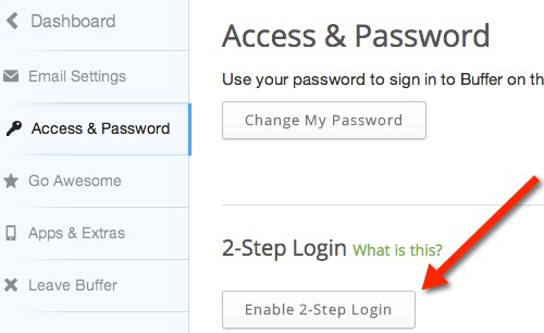 Click on the 'enable 2-step login' button in Buffer.
