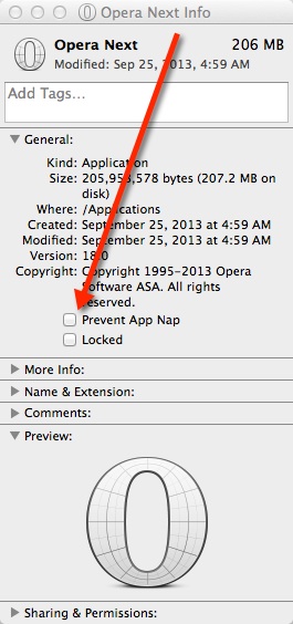 Click the box next to Prevent App Nap in the Info window.