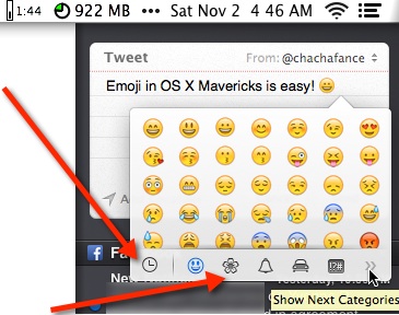 The Emoji characters window in Mac OS X Mavericks.