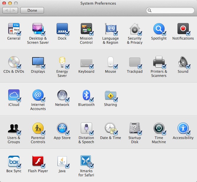 Uncheck the Preference Panes you want hidden.