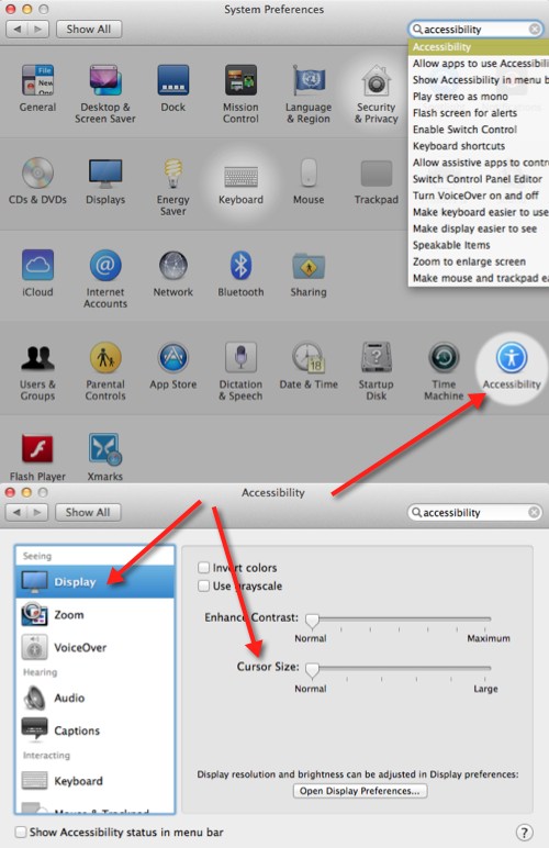 Make your mouse pointer bigger in mac by browsing to: System Preferences -> Accessibility -> Display Make your mouse pointer bigger in mac by browsing to: System Preferences -> Accessibility -> Display