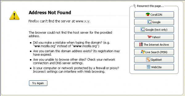 A sample web page with 'net error' message and Resurrect Pages integration.
