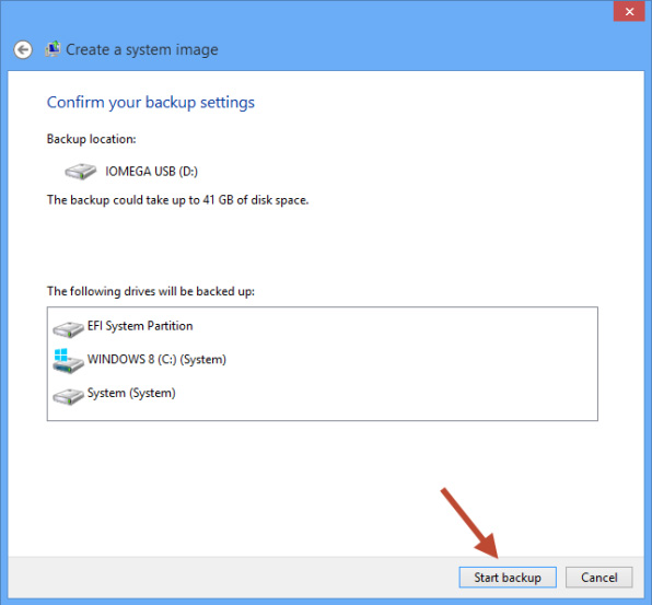 Create System Image Windows 8 - Confirm backup settings Create System Image Windows 8 - Confirm backup settings