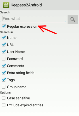 keepass2android-regular-expression-search Searching Keepass2Android.
