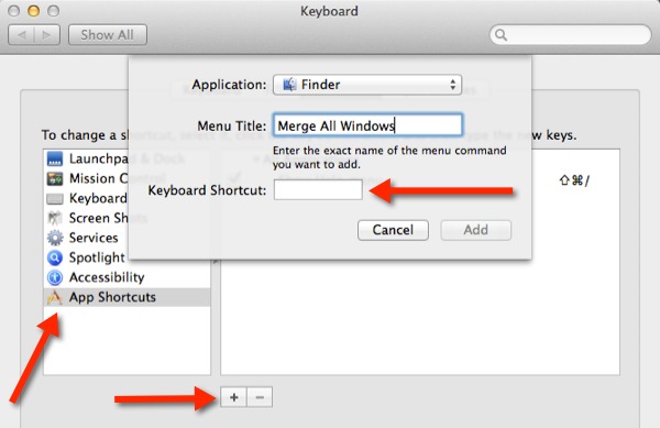 Follow these steps to create a keyboard shortcut in OS X Mavericks to merge multiple Finder windows.