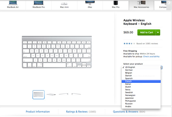 You can buy a new wireless keyboard from Apple's website with your own keyboard language input source.