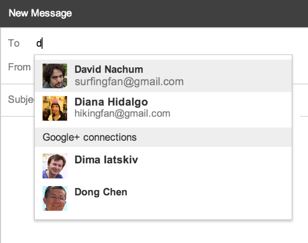 Gmail new recipient suggestion list including Google+ connections.