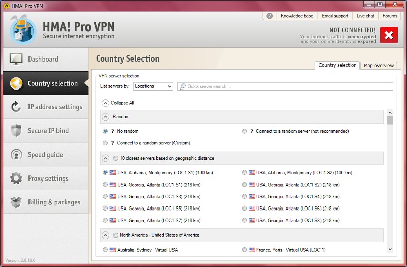 HideMyAss for Windows server selection.
