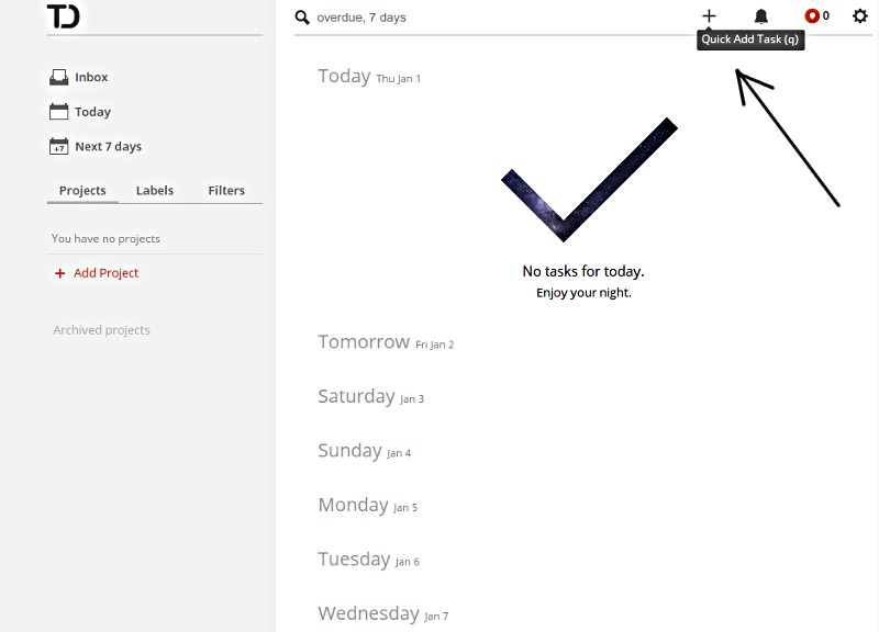 The Todoist Web dashboard.