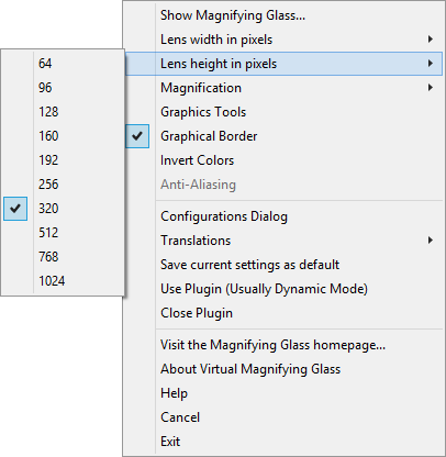 Virtual Magnifying Glass options. Virtual Magnifying Glass options.