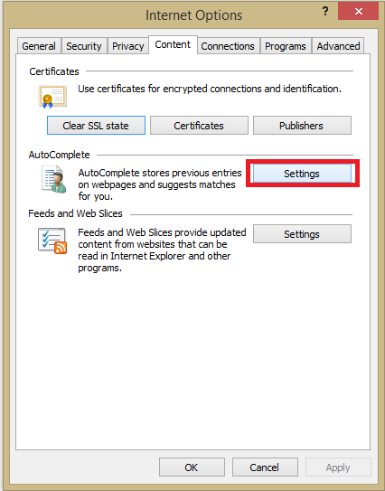 Settings in Internet Explorer Settings in Internet Explorer