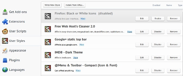 User styles are in the 'User Styles' tab. User styles are in the 'User Styles' tab.