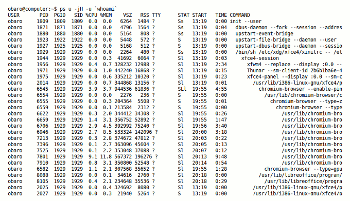 Show all processes by current user in tree format.