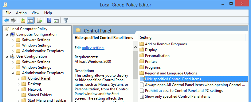 Double click on 'Hide specific control panel items.'