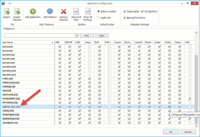 EMET Application Configuration window. EMET Application Configuration window.