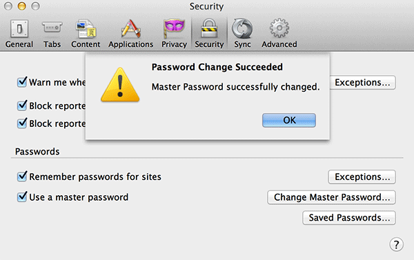 Master Password set up confirmation message.