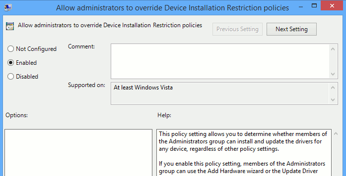 Open the respective policy settings window. Open the respective policy settings window.