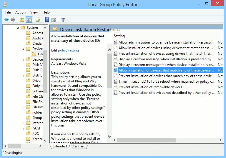 Configure Group Policy to only allow installation of removable devices of only listed hardware IDs. Configure Group Policy to only allow installation of removable devices of only listed hardware IDs.