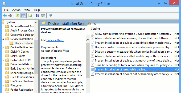 Find and double-click on the setting 'Prevent Installation of Removable Devices.' Find and double-click on the setting 'Prevent Installation of Removable Devices.'