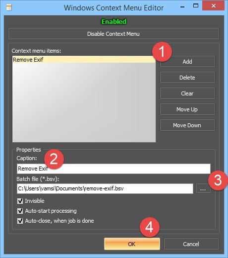 Enter the Caption and enter the earlier saved batch file location.
