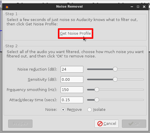 Make Audacity take note of your white noise and save it temporarily.