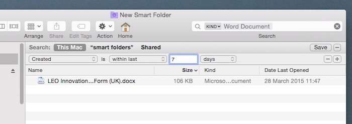 A folder that only contains word documents created in the last week.