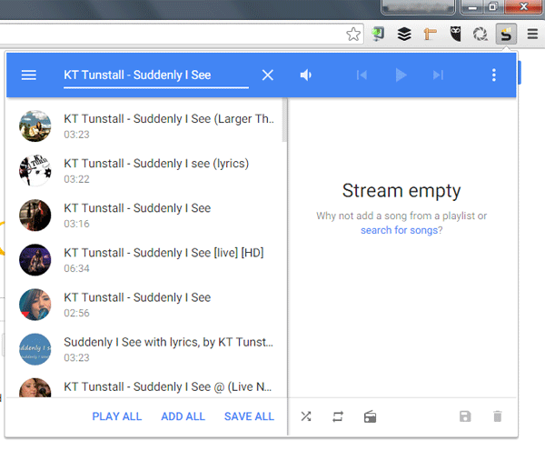 Any song you play or add appears on the right.