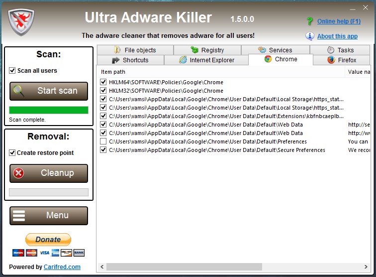 Ultra Adware Killer will list all the adware found.