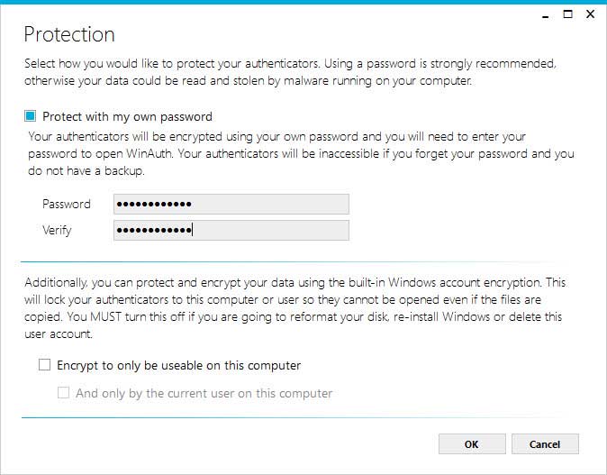 Setting up a password to use with WinAuth to use Google Authenticator on a Windows PC.
